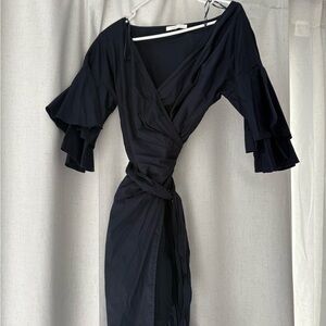 WAYF Navy Blue Wrap Dress with Layered Ruffle Sleeves